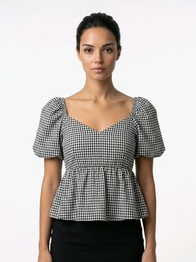 SHEIN Black and White Checkered Puff Sleeve Blouse